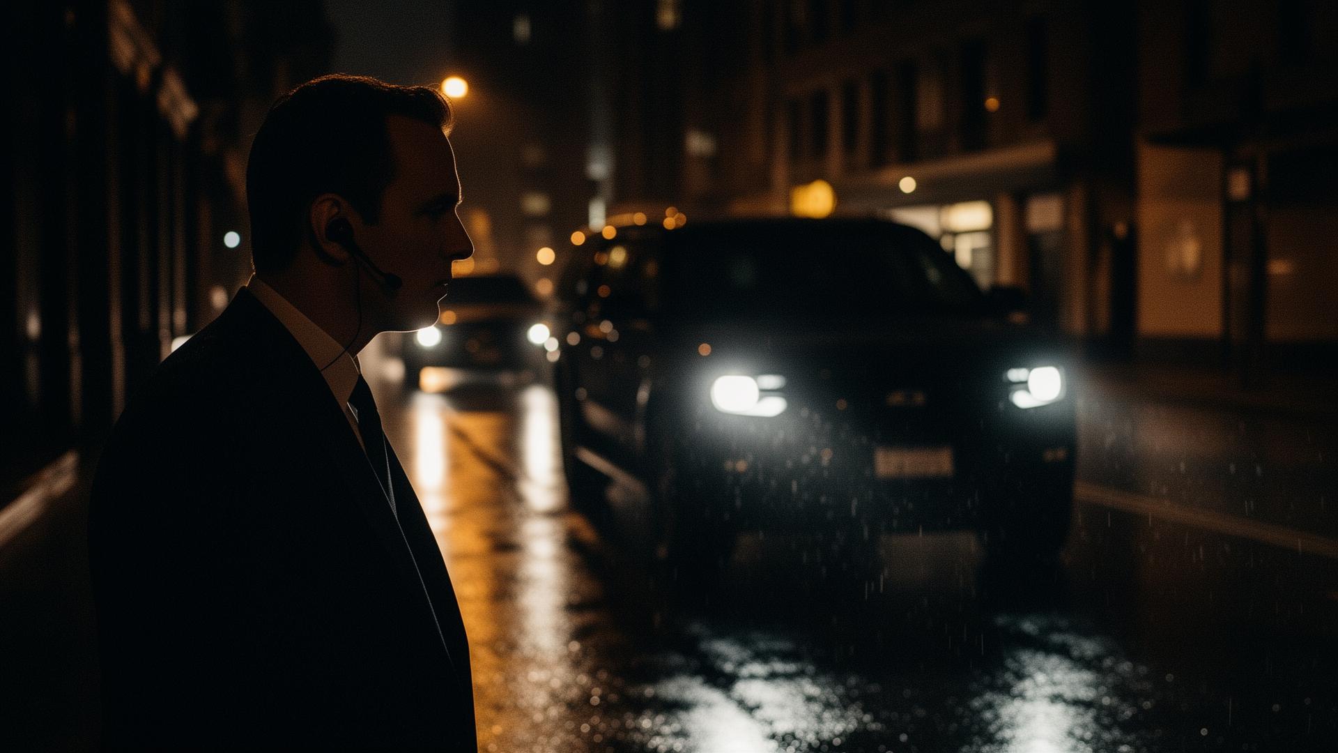 Executive protection detail at night